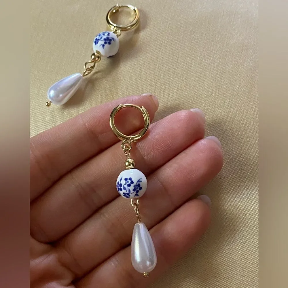 Bohemian hoop pearl drop earrings M5